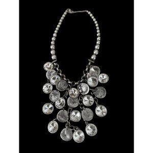 Vintage VCLM Necklace Silver Tone Crystals & Hammered Disks 14" Drop
